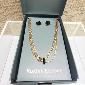 Violet Harper Gift Box Jewelry Set Gold Tone w/ Black Necklace and Earrings NWT
